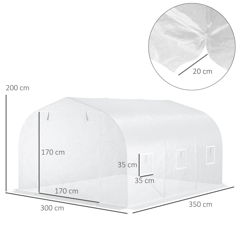 Outsunny Estufa de Jardim em Túnel 3,5x3x2 m Porta 6 Janelas Enroláveis Aço Galvanizado Cobertura PP Alta densidade Branco