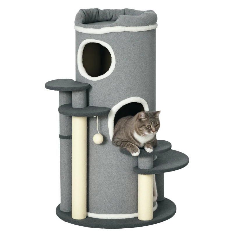 Pawhut Arranhador de Gato com Poste de Arranhar 2 Esconderijos para Gatos 4 Lugares para deitar 4 Postes 57x57x99 cm Cinza e Branco