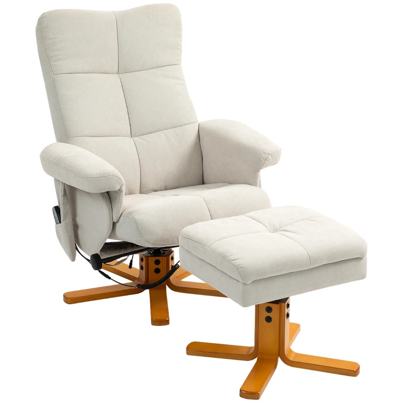 HOMCOM Poltrona de Massagem com Função deitada e Apoio para Os Pés Inclinação de 145° Poliéster 80x86x99 cm Branco Creme