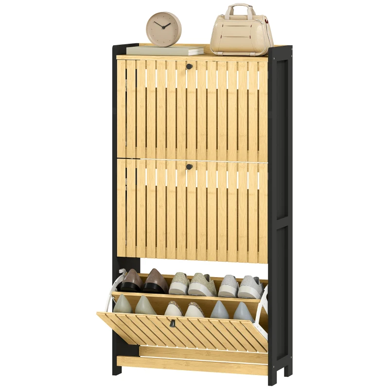 HOMCOM Móvel de Sapatos 18 Pares com 3 Gavetas Basculantes Portas em Bambu com Ripas 60x24x118 cm Preto e Madeira Natural