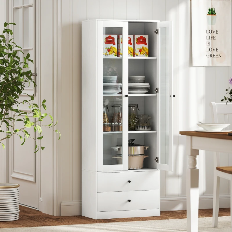 HOMCOM Móvel de Arrumação Sala de Estar Moderno com Armário de Portas de Vidro Prateleiras Ajustáveis e 2 Gavetas 59x30x164 cm Branco