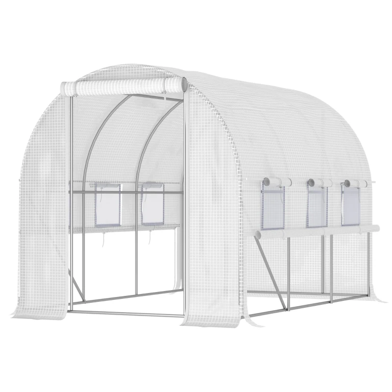 Outsunny Estufa de Jardim Túnel Estufa Túnel 6 ㎡ com 6 Janelas Porta Enrolável Lona PP Estrutura em Aço Galvanizado Branco