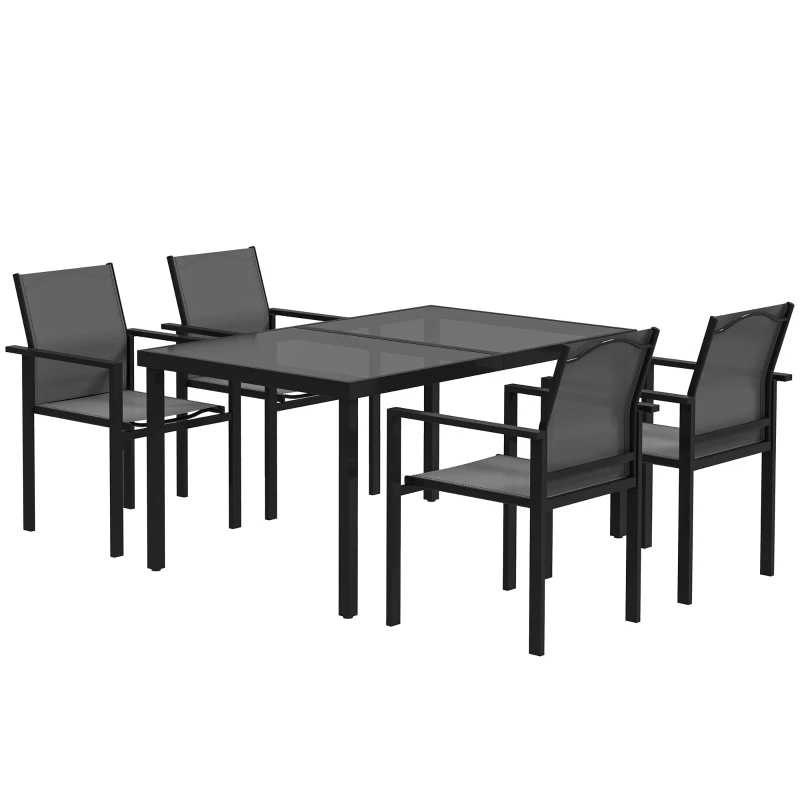 Outsunny Mesa de Jardim Ao Ar Livre com 4 Cadeiras Empilháveis Tampo de Vidro Temperado de 140 cm Preto