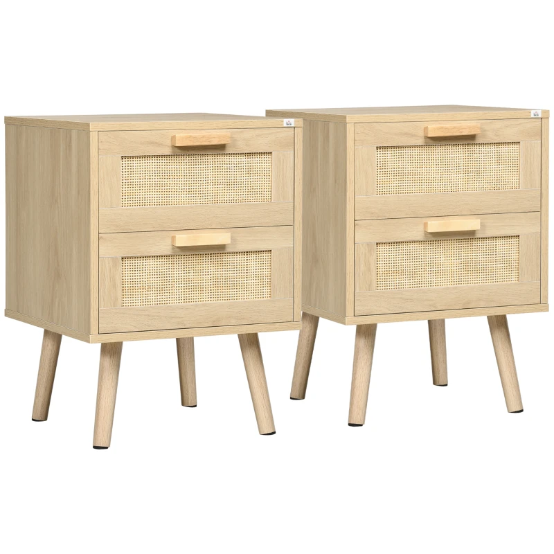 HOMCOM Conjunto de 2 Mesas de Cabeceira Mesas Auxiliares 2 Gavetas Frentes Aspecto Vime Rotim Estilo Boémio 40x40x56 cm Natural