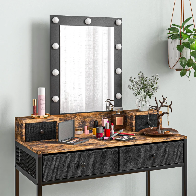 HOMCOM Penteadeira Mesa de Maquiagem Espelho LED Ajustável Integrado Base em Metal Preto 4 Gavetas de Tecido Aspecto Madeira Escura