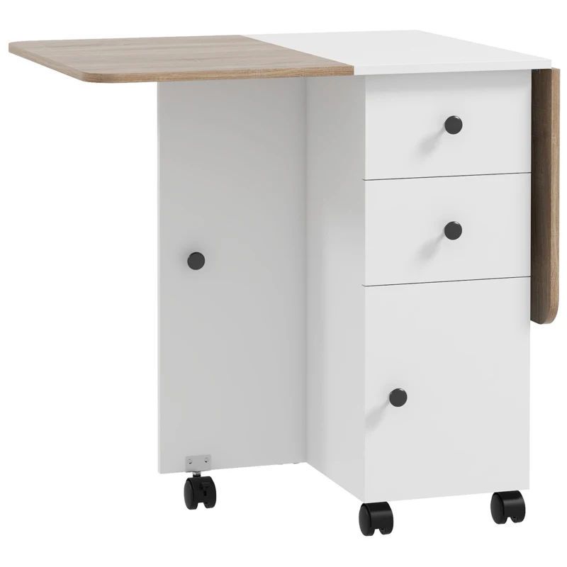 HOMCOM Mesa de Cozinha Dobrável Mesa de Jantar Dobrável 2 Tabuleiros Rebatíveis com 2 Gavetas 1 Armário Branco e Carvalho