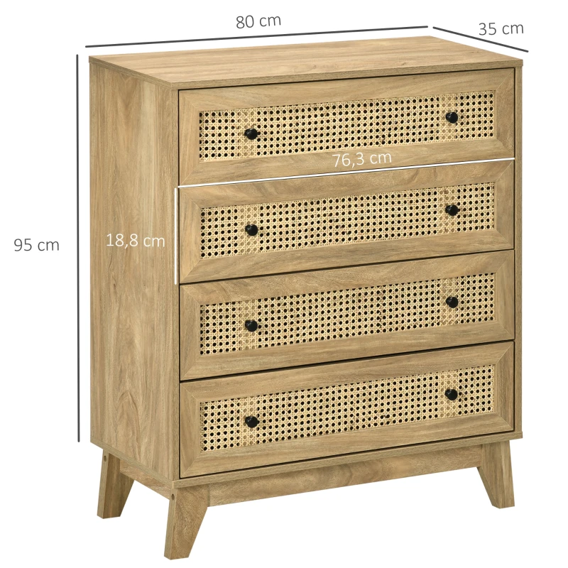 HOMCOM Cômoda 4 Gavetas Móvel de Arrumação em Vime de Rattan Aspecto Madeira Clara 80x35x95 cm