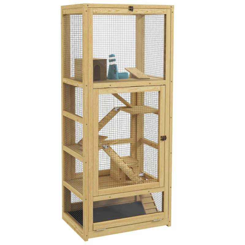 Pawhut Gaiola para Hamsters ou Pequenos Animais em Madeira 5 Níveis com Escada Cabana Balanço 54x38x131 cm Natural