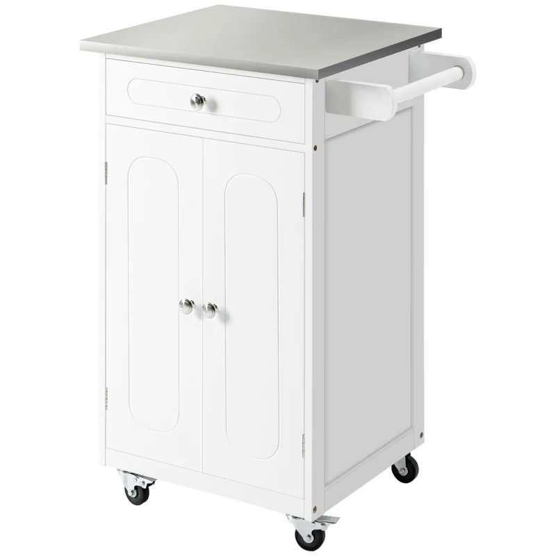 HOMCOM Carrinho de Serviço para Cozinha com Rodas 1 Gaveta 2 Portas Prateleira Panos de Cozinha MDF Branco e Aço Inoxidável