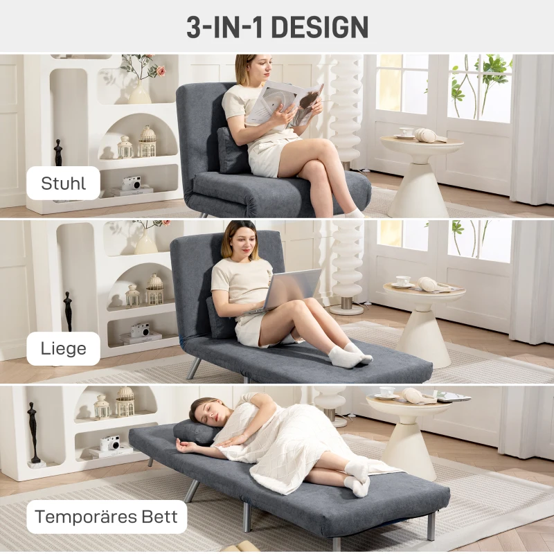 HOMCOM Fauteuil met Bedfunctie, 2-in-1 Ontwerp, Slaapfauteuil, Gastbed, Stofbekleding, met Kussen, Donkergrijs(m-4)