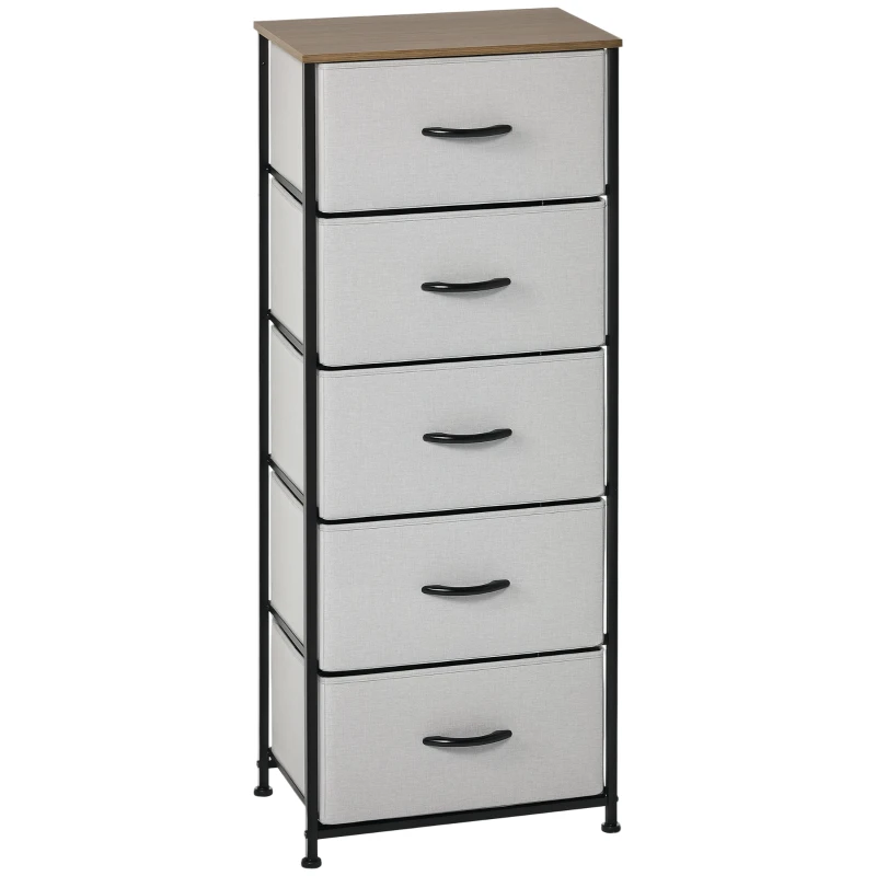 HOMCOM Cômoda 5 Gavetões Móvel de Armazenamento Gaveta em Tecido Dobrável Estrutura de Aço Preto 45x30x116 cm Cinza