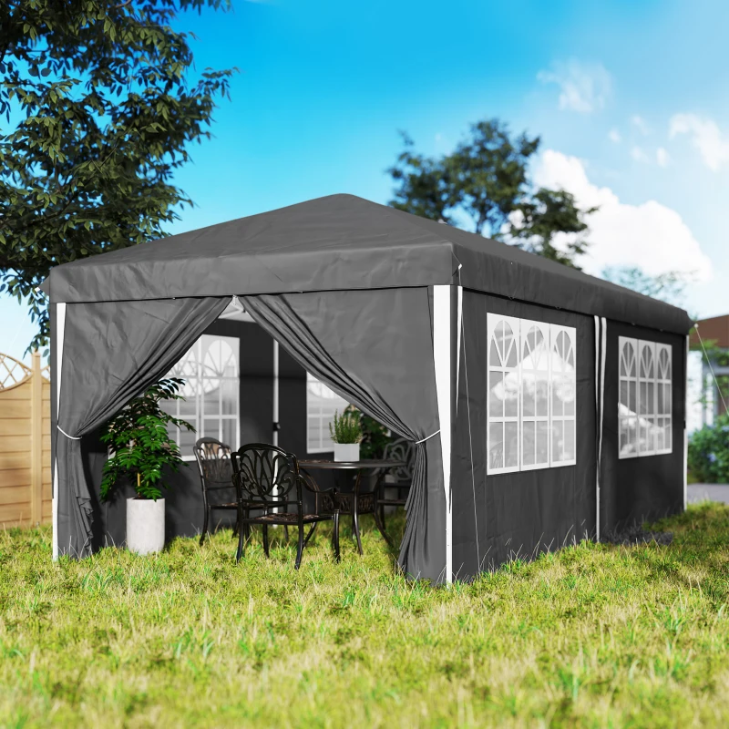 Outsunny Gazebo 3x6 m para 12-18 Pessoas Ajustável em Altura com Furos de Drenagem em Metal e Tecido Oxford Cinza