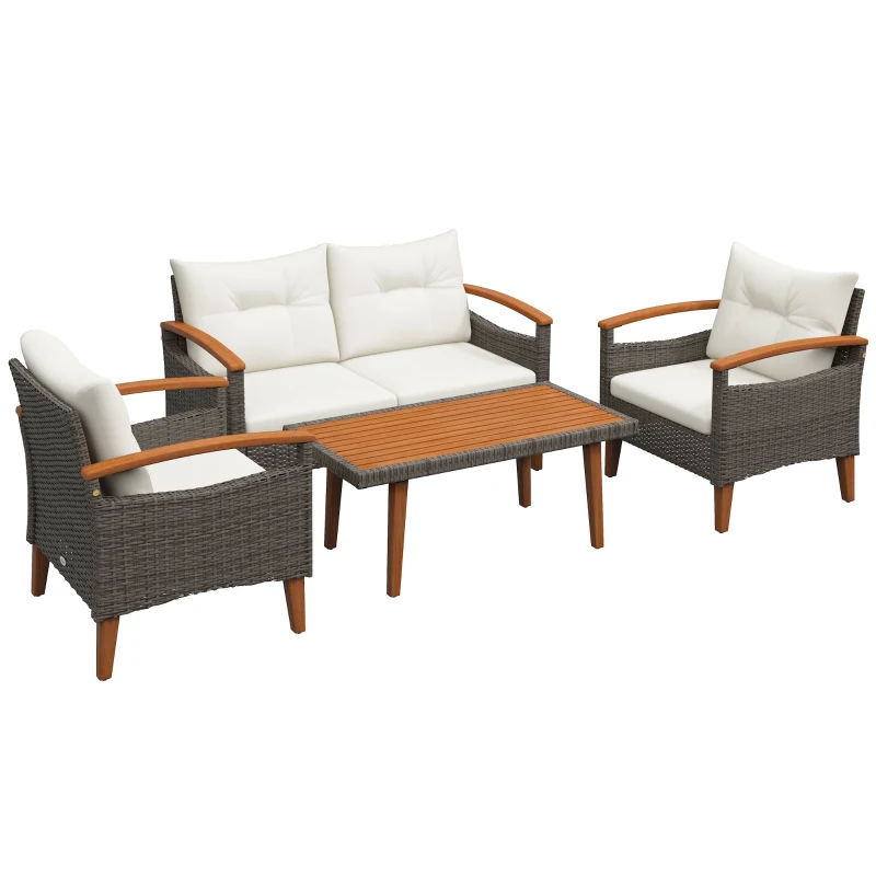Outsunny Conjunto de Móveis de Jardim 4 Peças em Vime PP Sofá 2 Lugares 2 Cadeiras Almofadas e Tampo em Madeira de Acácia Creme