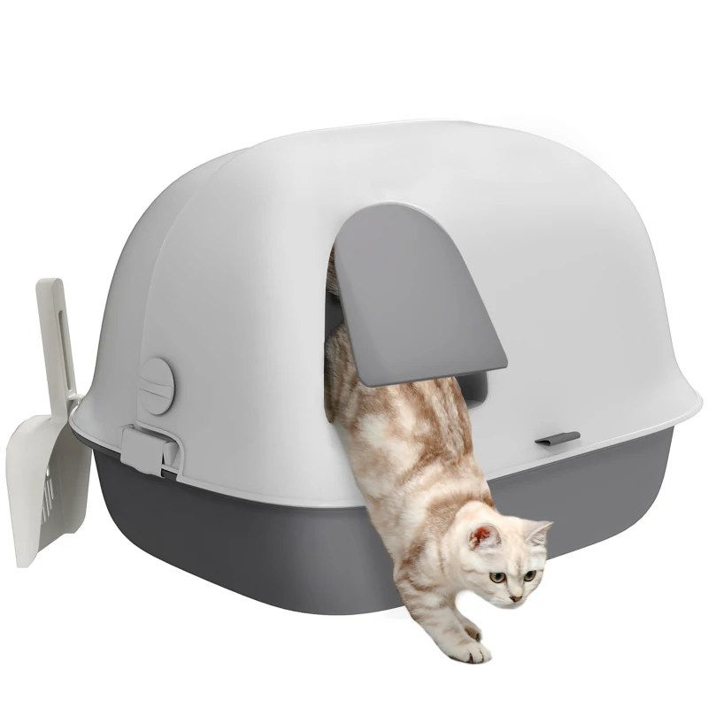 Pawhut Caixa de Areia para Gatos Casa de Banho para Gatos com Porta Pá Teto Frontal Aberto 58x46x39 cm Cinza Claro e Branco