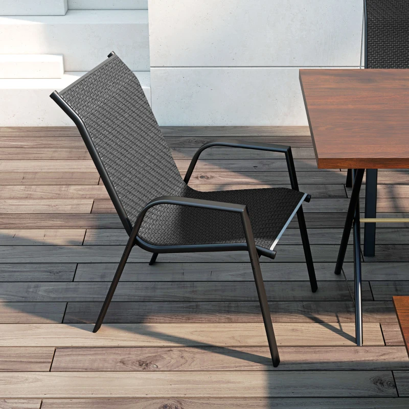 Outsunny Conjunto de 4 Cadeiras de Jardim Empilháveis Cadeira de Exterior Braços e Revestimento em Resina Trançada com Efeito de Vime