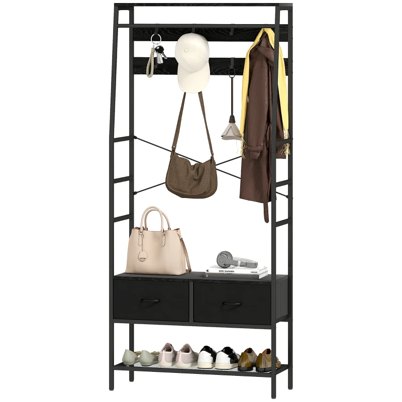 HOMCOM Cabideiro Industrial com 2 Gavetas de Tecido Prateleira 8 Ganchos e Estrutura de Aço 80x30x180,5 cm Preto