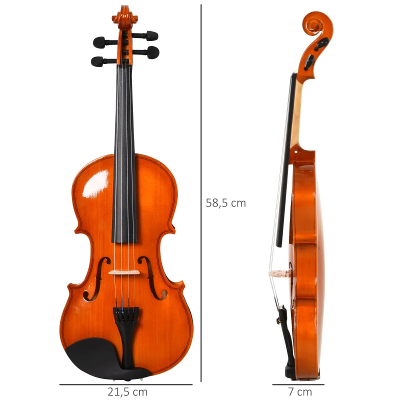 HOMCOM Violino 4/4 de Tamanho Completo com Estojo Afinador Queixeira Arco Breu Cordas Sobressalentes e Pano Madeira Abeto Bordo