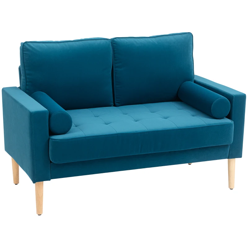 HOMCOM Sofá de 2 Lugares Moderno em Veludo 127 cm com Almofadas Espessas 2 Travesseiros e Assento Capitonê Azul