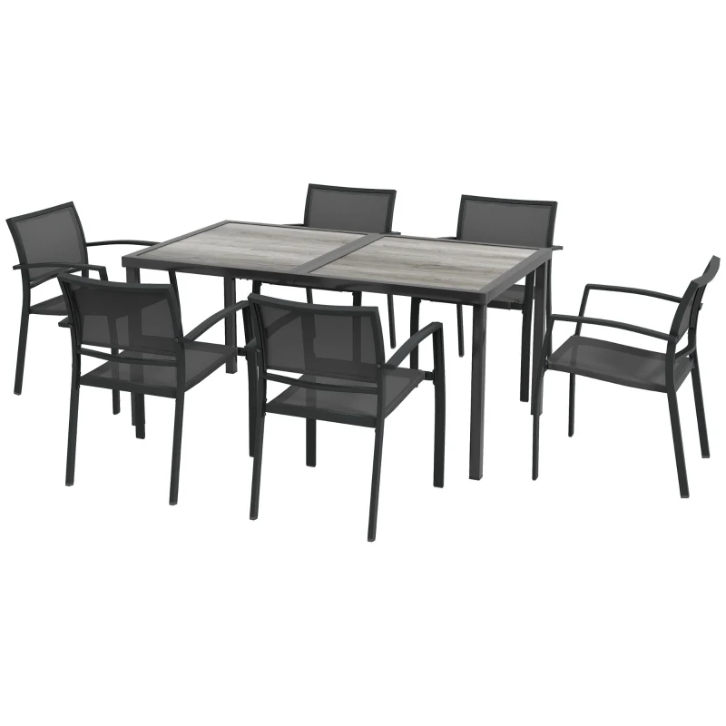 Outsunny Conjunto de Sala de Jantar de Jardim 7 Peças com 1 Mesa e 6 Cadeiras Empilháveis em Metal Epóxi Textilene Cinza Escuro