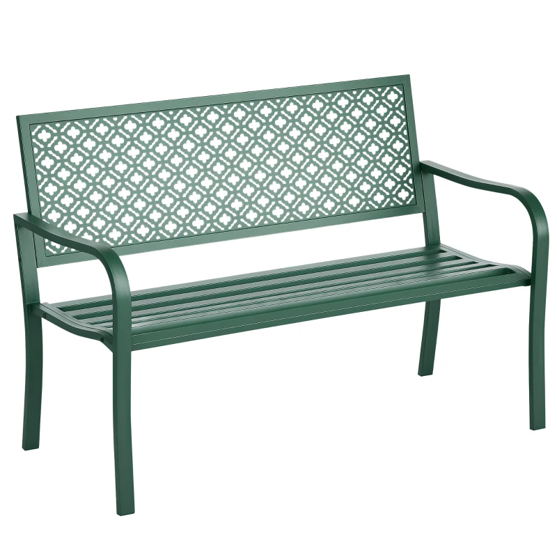 Outsunny Banco de Jardim Banco Exterior de Jardim em Aço com Encosto com Motivo Floral para 2 Pessoas 127x63x83 cm Verde Escuro