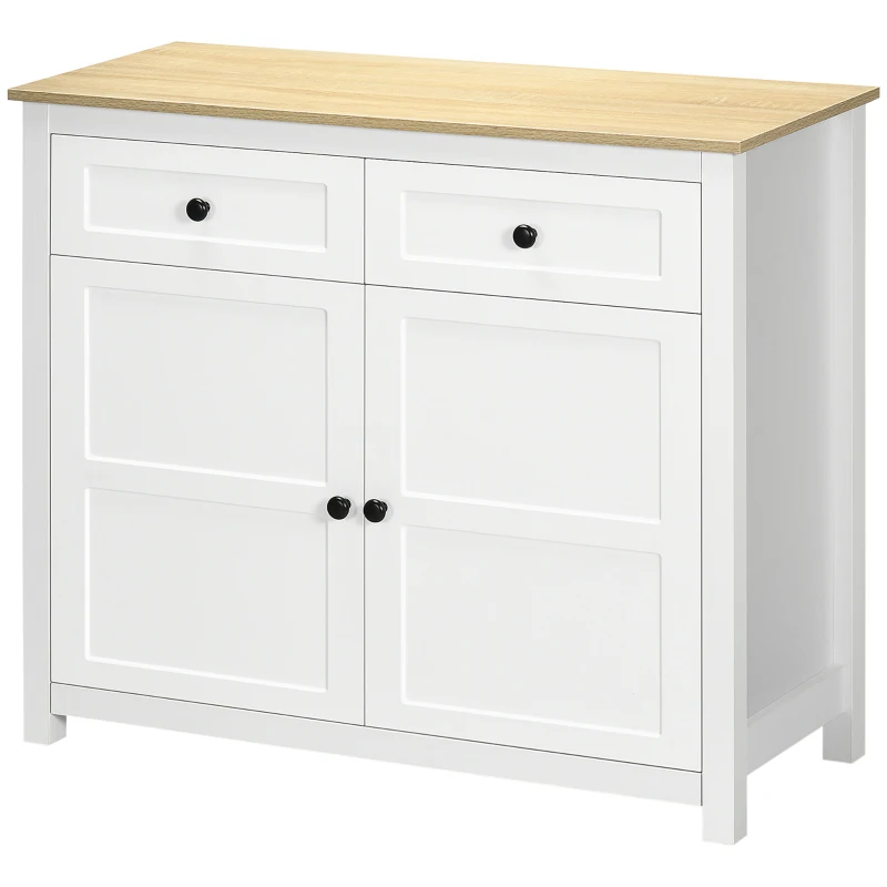 HOMCOM Aparador Móvel de Arrumação com 2 Portas Prateleira Ajustável em Altura 2 Gavetas 100x40x85 cm Branco e Aspecto de Madeira