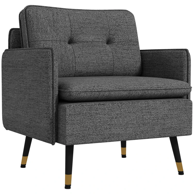 HOMCOM Poltrona Escandinava com Encosto Capitonê e Vivo em Tecido 76x68x80 cm Cinza e Pernas em Metal Preto e Dourado