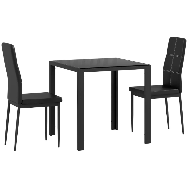 HOMCOM Conjunto Mesa de Jantar e Cadeiras para 2 Pessoas Tampo Retangular de Vidro para Cozinha Sala de Estar Casa Preto