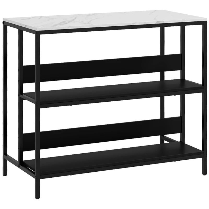HOMCOM Ilha de Cozinha 2 Prateleiras de Estilo Moderno em Aço Preto e Tampo MDF Aspecto Mármore 100x50x90 cm Preto