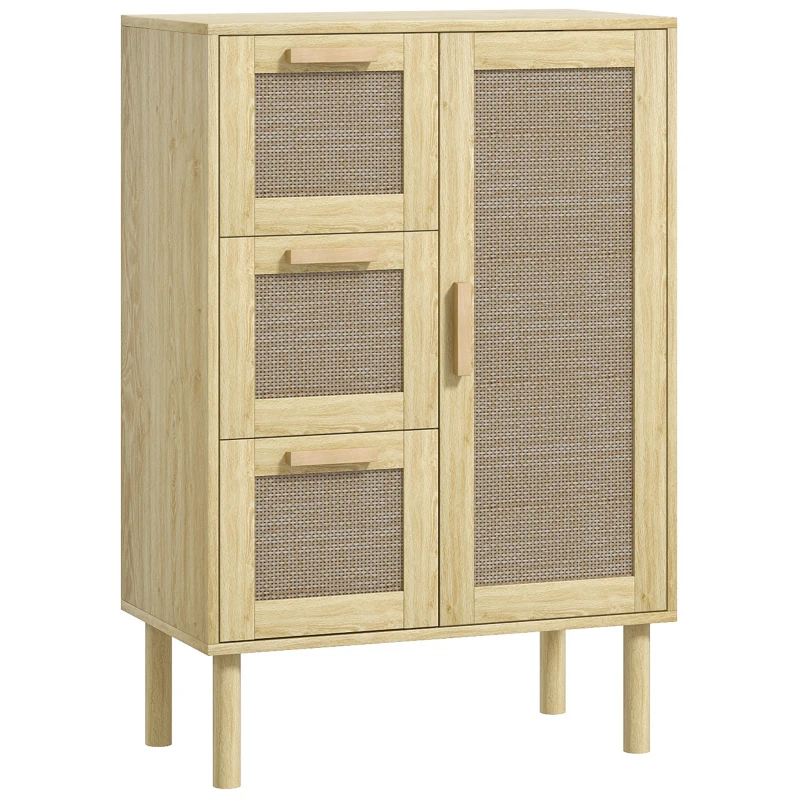 HOMCOM Armário Meuble de Rangement Estilo Boêmio com 3 Gavetas e 3 Prateleiras Frente de Vime Trançada Compacto 55x30x82 cm