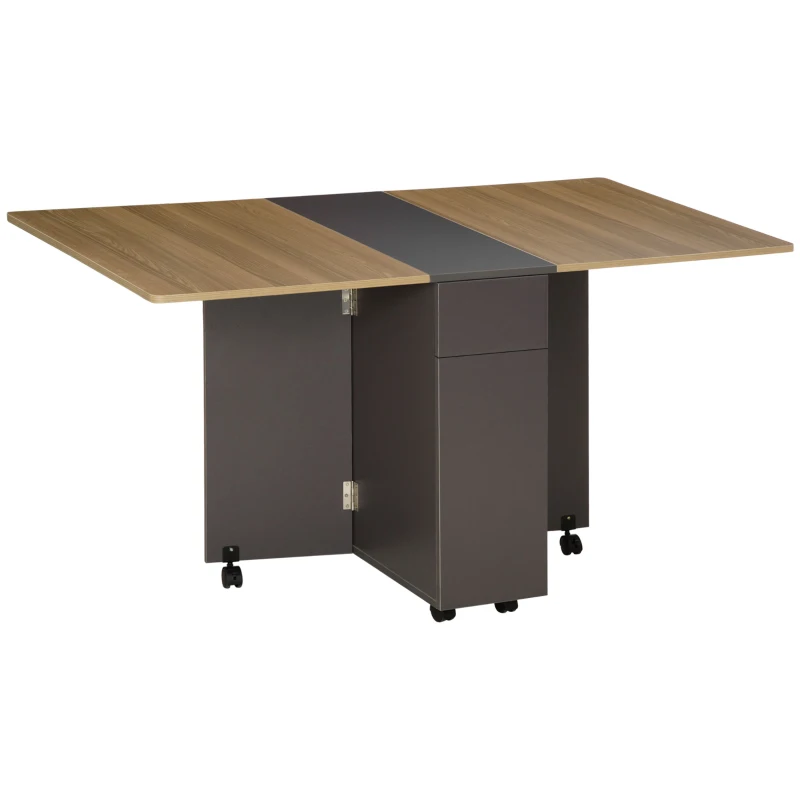 HOMCOM Mesa de Jantar Dobrável com Rodas com Armazenamento 2 Gavetas e 1 Armário 76x140x74 cm