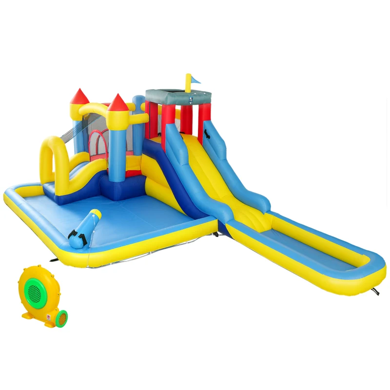 Aiyaplay Château Inflável com Soprador Parque Aquático Escorregadores Trampolim Parede de Escalada Canhão Cesta de Basquete