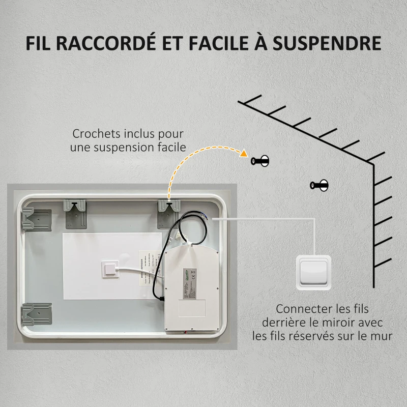 Kleankin Espelho de Parede Luminoso LED de Banheiro 80x60 cm 3 Cores Luminosidade Ajustável Interruptor Tátil Transparente