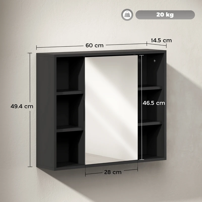 HOMCOM Móvel de Casa de Banho com Espelho Armário com Portas e 6 Compartimentos Abertos 60x14,5x49,4 cm Preto