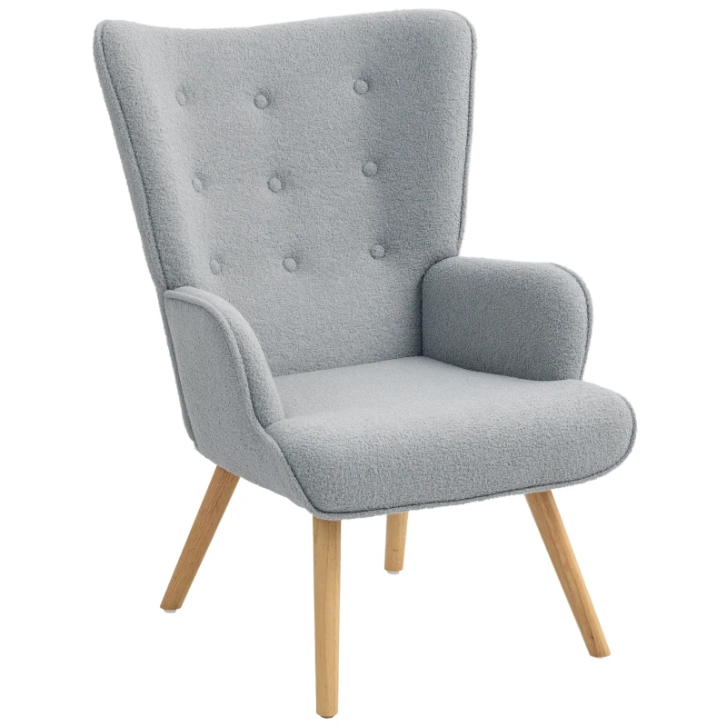 HOMCOM Poltrona de Sala em Tecido Bouclette Poltrona Capitonê e Acolchoada com Pés em Madeira 71x74x96 cm Cinza Claro