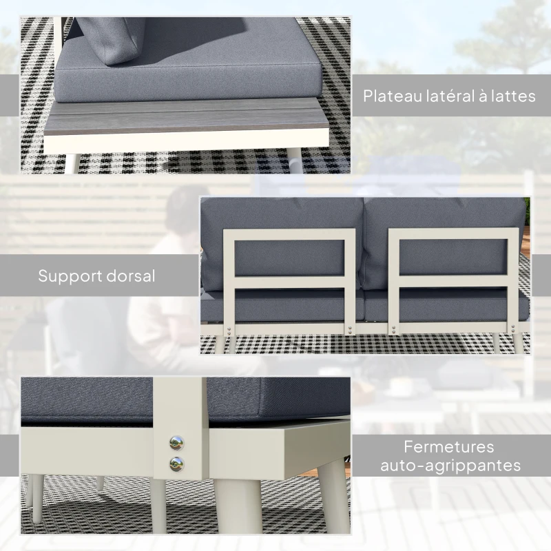 Outsunny Conjunto de Jardim 3 Peças Sofá de Canto Modular com Assento Ajustável Almofadas Confortáveis Mesa de Efeito Madeira Cinza