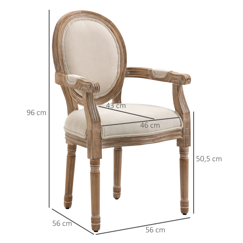 HOMCOM Cadeira de Sala de Jantar Cadeira de Sala Medalhão Estilo Luís xvi Madeira Maciça Patinada e Esculpida Tecido Linho Creme