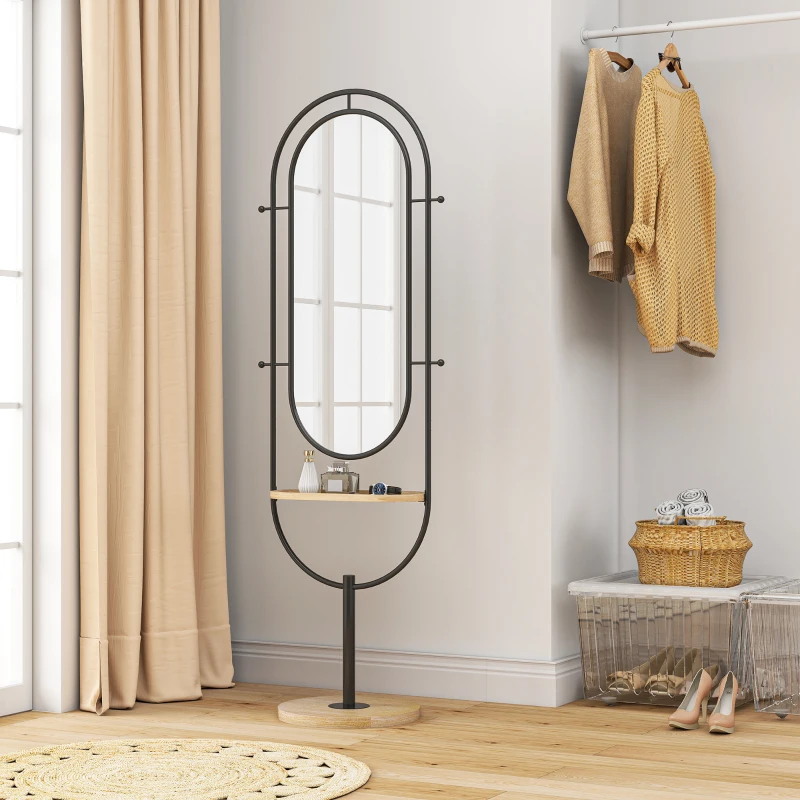 HOMCOM Espelho de Corpo Inteiro Oval com Tampo de Madeira 4 Ganchos e Moldura de Metal 50x40x175,5 cm Preto