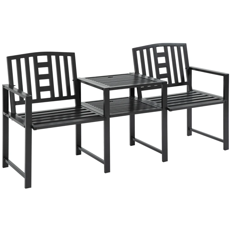 Outsunny Banco de Jardim Moderno 2 Lugares com Mesa e Furo para Guarda Sol Mobiliário de Exterior 165x56x85,5 cm Preto
