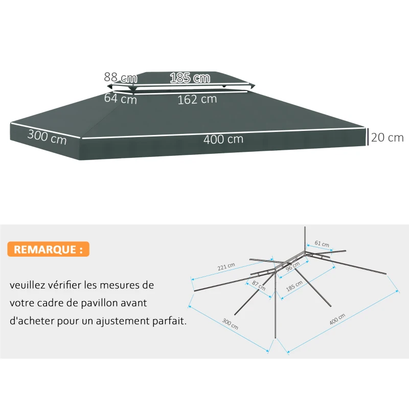 Outsunny Lona de Reposição para Pavilhão Tenda 3x4 m Poliéster de Alta densidade 180 g/㎡ Cinza