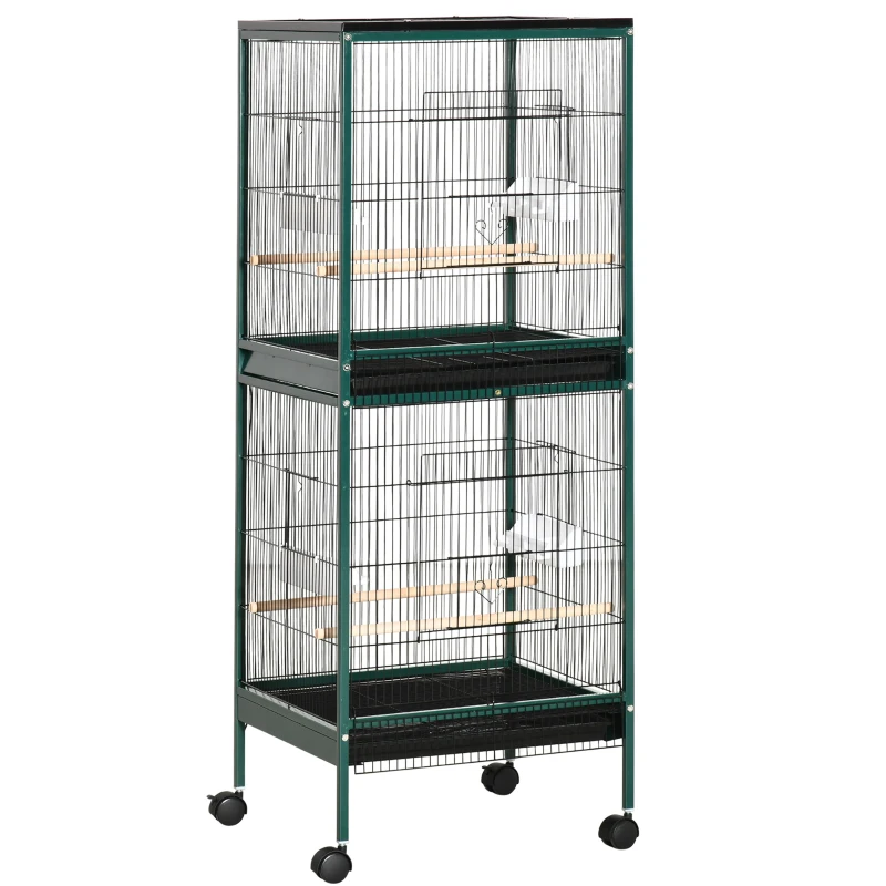Pawhut Grande Gaiola para Pássaros em Pé Dupla com Comedouros Poleiros Bandeja Removível Rodízios 51,5x50x140 cm