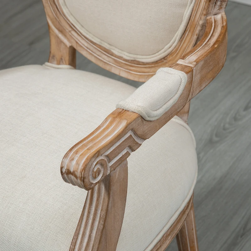 HOMCOM Cadeira de Sala de Jantar Cadeira de Sala Medalhão Estilo Luís xvi Madeira Maciça Patinada e Esculpida Tecido Linho Creme