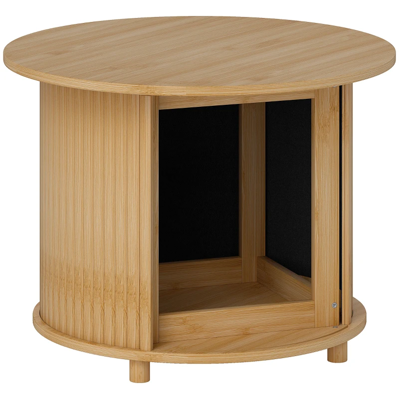 HOMCOM Mesa de Centro Redonda Mesa de Sala em Bambu com Armazenamento Oculto e Porta deslizante Ø 60x45 cm Madeira Natural