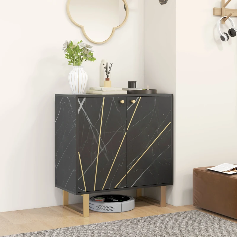 HOMCOM Buffet de Armazenamento com 2 Portas e Prateleira Ajustável Pés em Metal 76x35x77 cm Tom Mármore Preto
