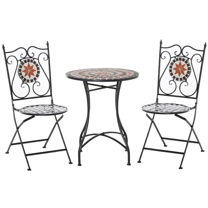 Outsunny Conjunto Bistrô 2 Lugares 3 Peças Ferro Forjado Mosaico de Cerâmica Motivo Rosa Dos Ventos Cadeiras Dobráveis Metal Preto