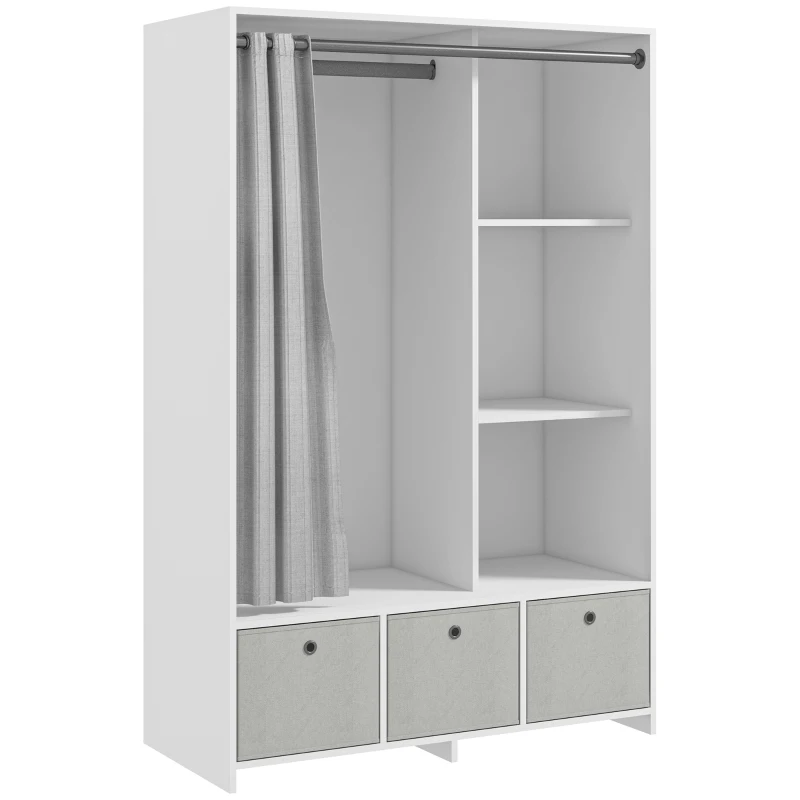 HOMCOM Armário de Roupas Armário de Armazenamento com Cabide Cortinas 3 Gavetas de Tecido Removíveis 105x48x160 cm Branco