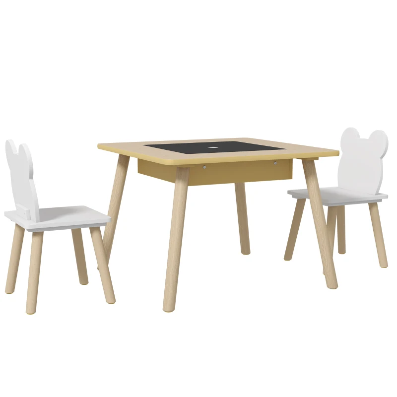 Aiyaplay Conjunto 1 Mesa e 2 Cadeiras 3 Peças para Crianças com Bandeja Reversível Espaço de Armazenamento Madeira Natural