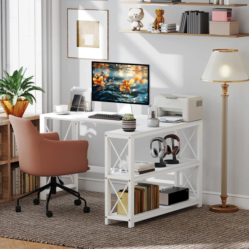 HOMCOM Bureau d'angle modulable réversible, bureau avec rangement, étagère de rangement, cadre en métal, 135x110x75cm, blanc