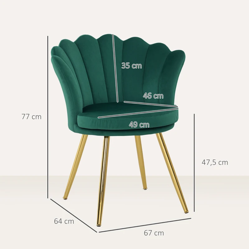 HOMCOM Cadeira Concha Cadeira para Toucador Cadeira de Veludo Cadeira de Sala com Pés em Metal Dourado Verde