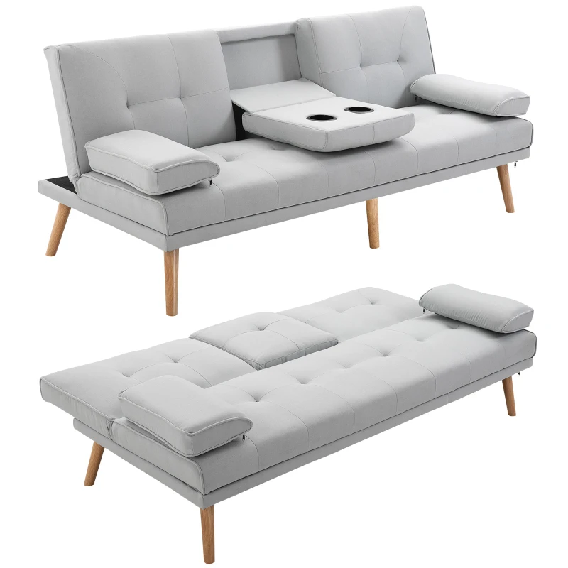 HOMCOM Fabric Click Clack Sofa Bed with 2 Cup Holders, Convertible Futon Settee, Futon Recliner Lounge for Living Room, Spare Room, Bedroom, Grey