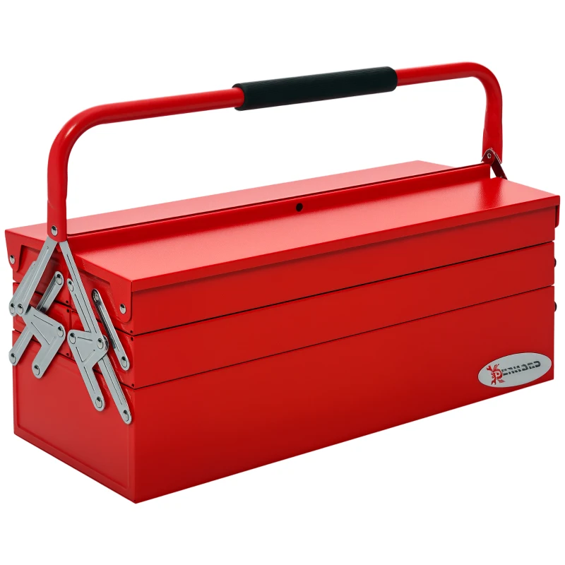 DURHAND Metal Tool Box 3 Tier 5 Tray Professional Portable Storage Cabinet Workshop Cantilever Toolbox with Carry Handle, 56cmx20cmx34cm, Red